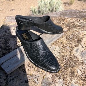 Vintage Black Leather Heel Mules